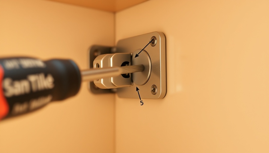 Close-up of screwdriver adjusting cabinet hinge to fix crooked doors.
