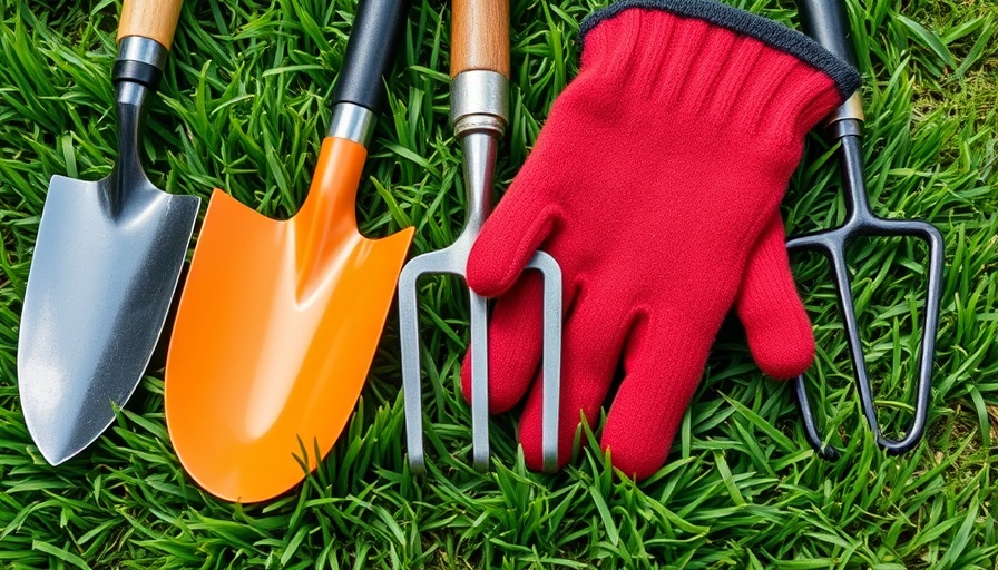 Assorted yard tools on grass for practical yard tool hacks.