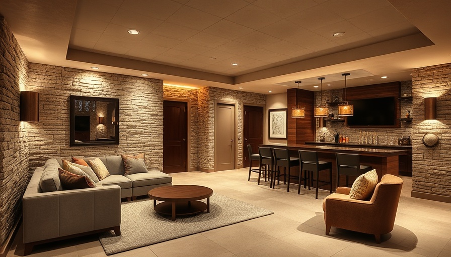 Stylish finished basement with a cozy seating area and bar.