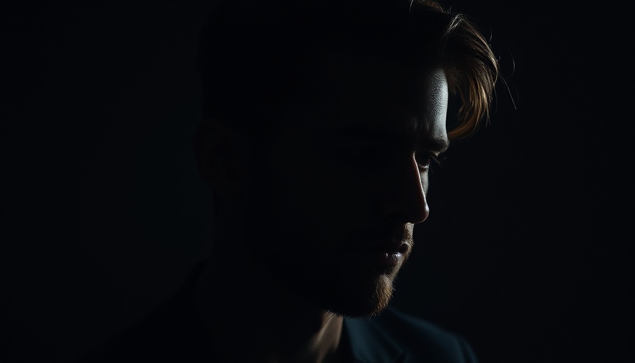 Introspective man with headphones, dim lighting, podcast theme.