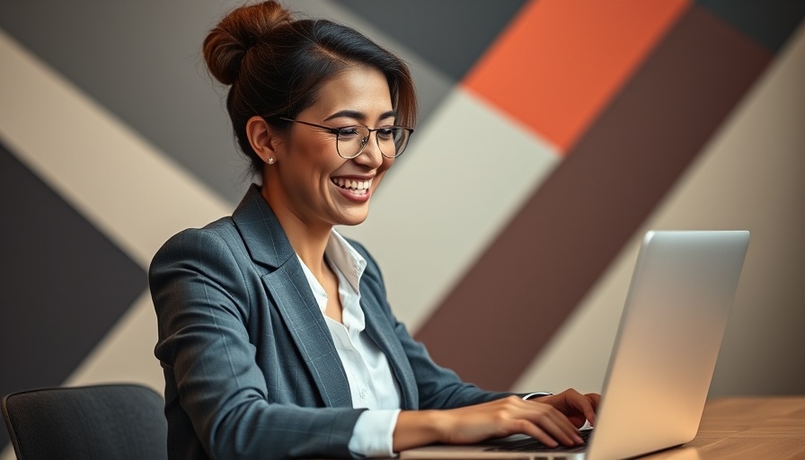 Businesswoman smiling while working on AI marketing campaigns on laptop.