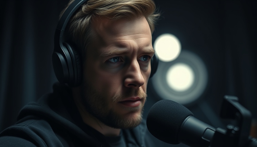 Brooding male podcaster with headphones in a dark studio, 'The Voice in Your Head Is Lying to You'.
