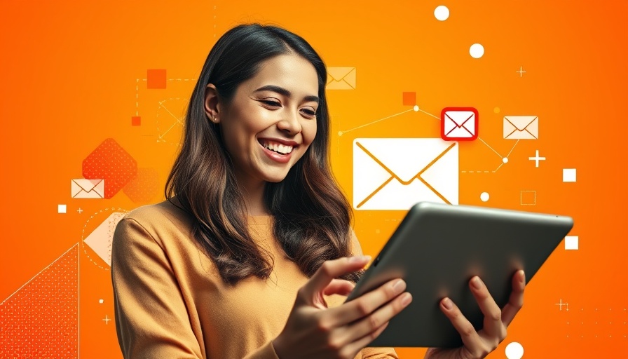 Cheerful woman using tablet in vibrant digital collage, representing summer slump marketing strategies.