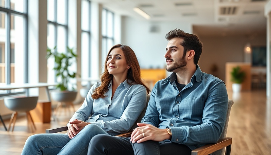 Casual duo in modern office with branded attire and natural light.