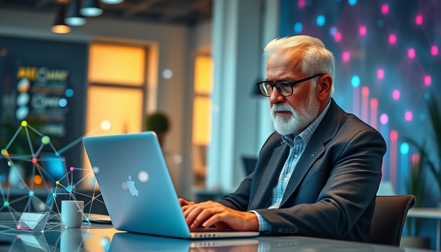 Stylish older man using laptop with creative AI elements, modern workspace.
