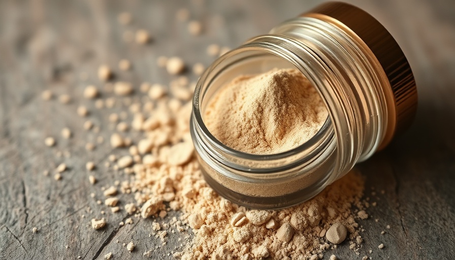 Natural cosmetic powder in jar, promoting microplastic-free products.