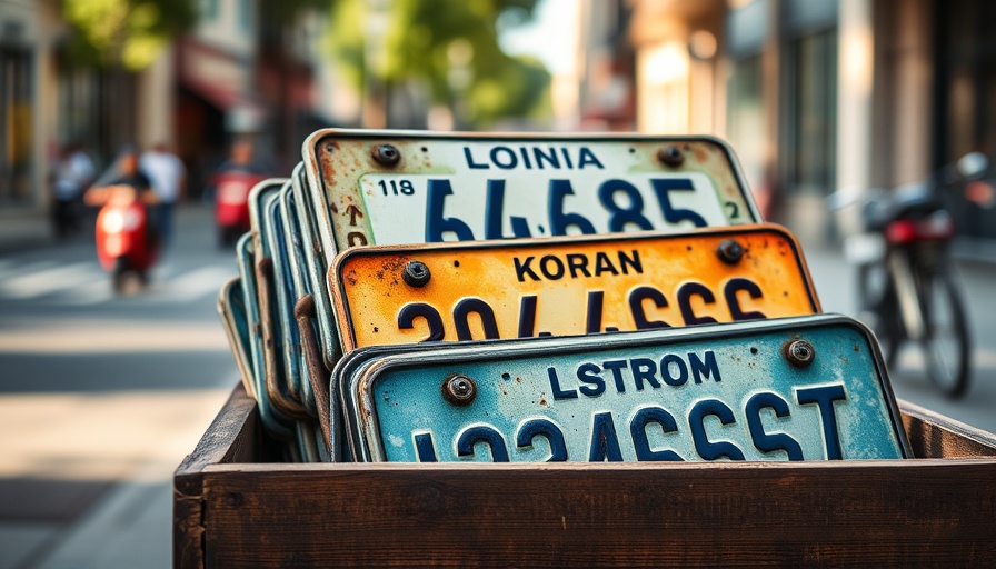 Old license plates in a wooden crate with blurred background.