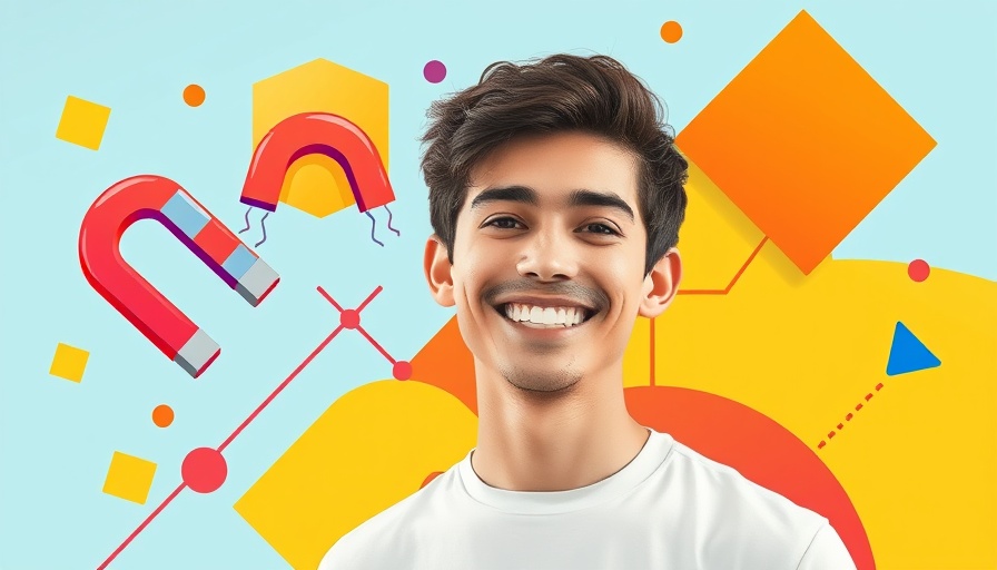 Colorful abstract illustration of young man with marketing context, vibrant design.