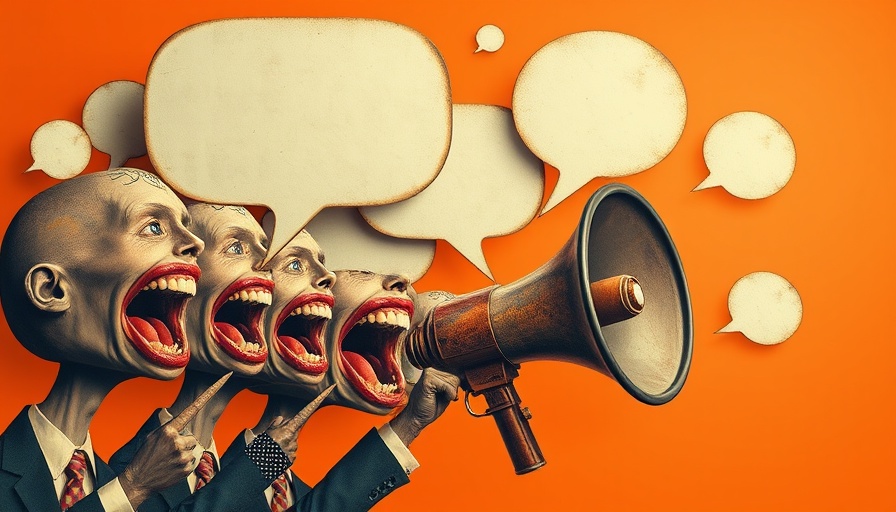 Surreal collage of speech bubbles and megaphone illustrating account-based marketing strategy.