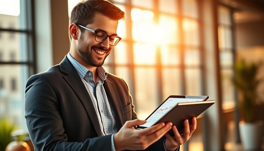 Confident young businessman analyzing data on a tablet in a sunlit office.