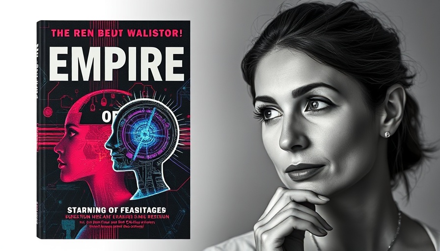 Portrait of a woman with a book titled 'Empire of AI' discussing the future of AI ethics.