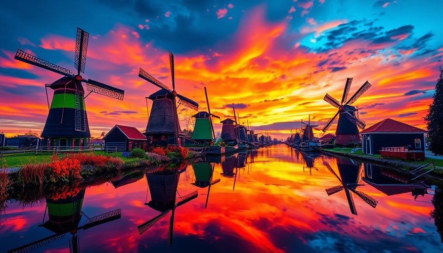 Surreal Dutch windmills reflecting in canal at vibrant sunset, biotech funding Netherlands 2025.