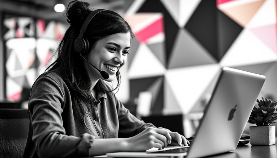 Young woman using laptop with headset in a colorful setting, Best CRMs for utilities in 2025.