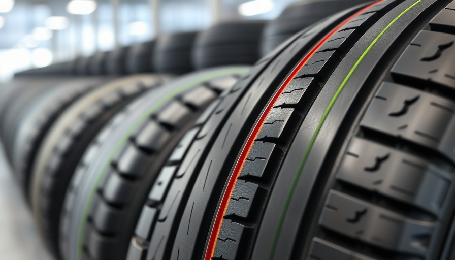New car tires with color stripes indicating tire specifications in a showroom.
