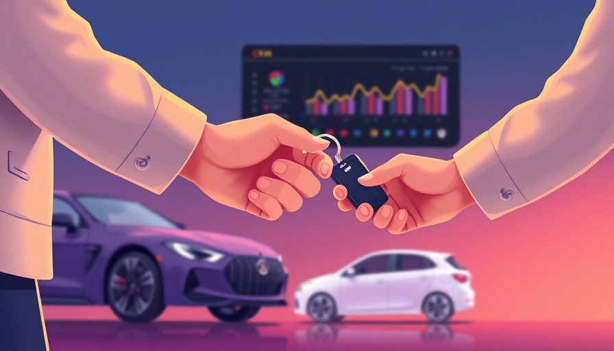 Illustration of car key exchange with CRM interface for best automotive CRM 2025.