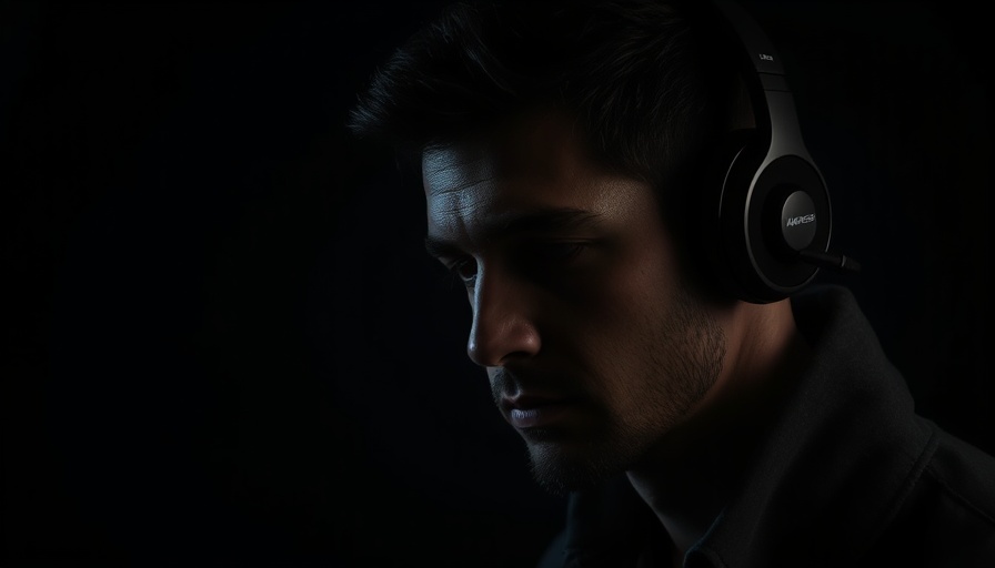 Brooding man with headphones in a podcast setting, low-key lighting, personal transformation motivational speech theme.
