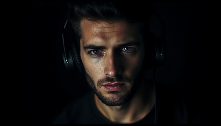 Portrait of a man focused and wearing headphones, dark background.