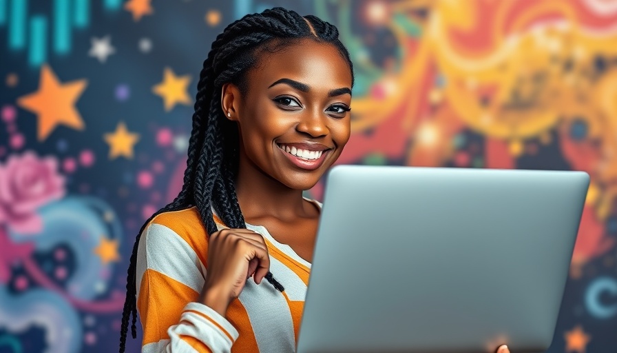 Inclusive marketing metrics illustration with laptop and smiling woman.