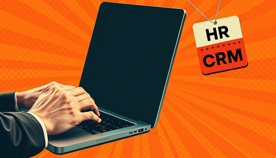 Digital collage of hands on a laptop with HR CRM badge, pop art style.