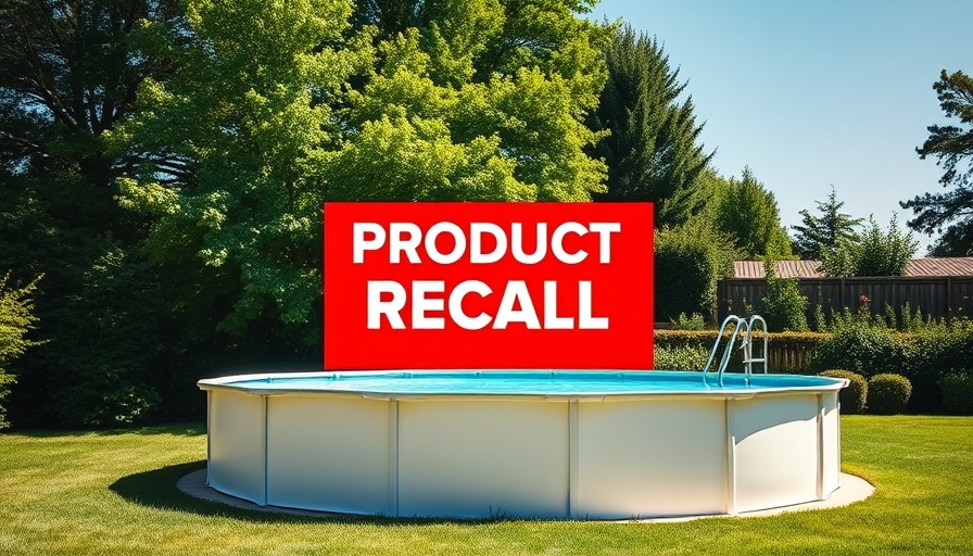 Above-ground pool with recall sign in green garden, sunny day.