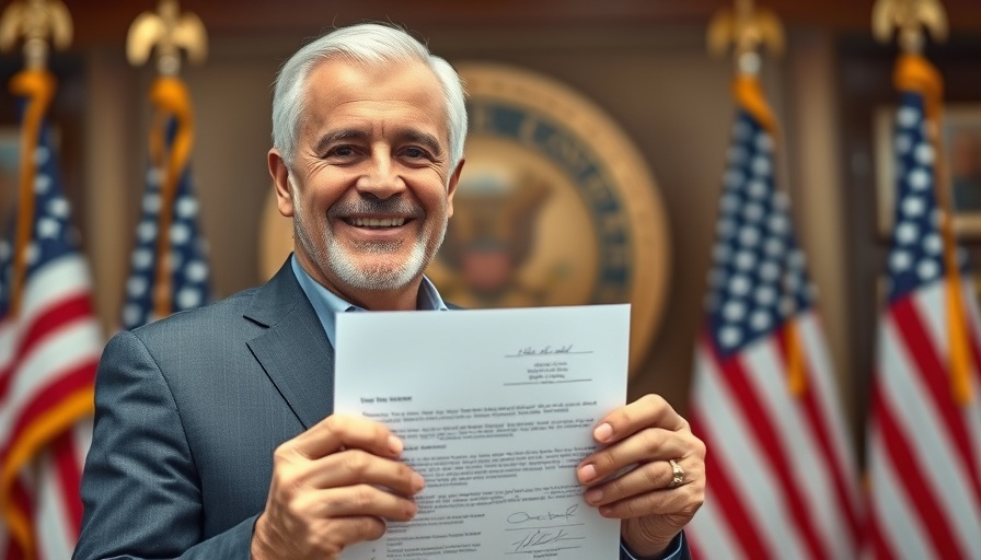 Smiling man holding signed document with flags, Trump AI Action Plan event.