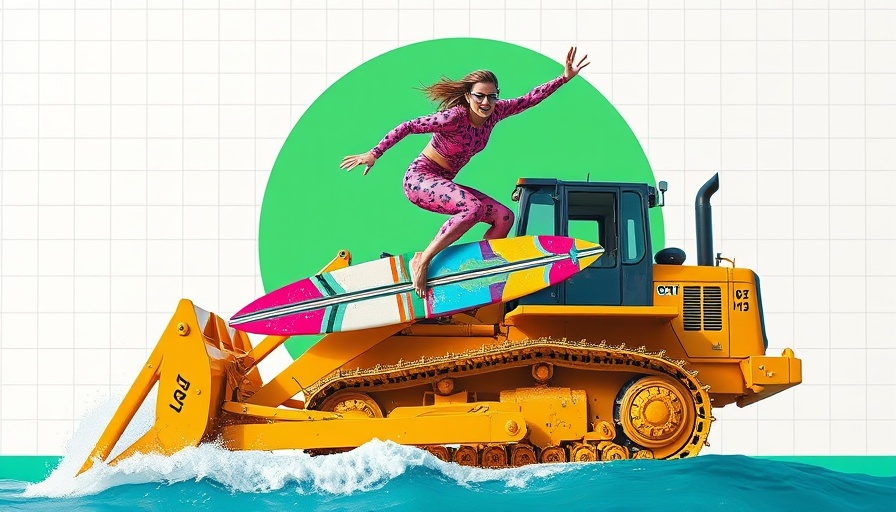 AI Hype Index surreal collage with diver surfing a bulldozer.