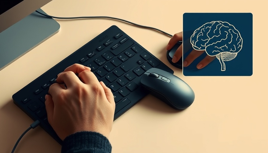 Artistic representation of psychology behind clicks, brain and hands on a keyboard.