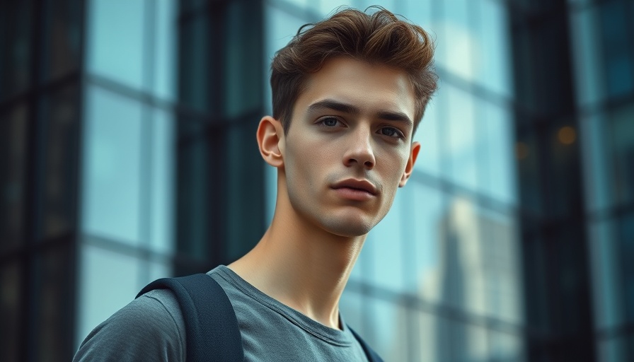 Portrait of a casual young man in urban environment, AI money coach.