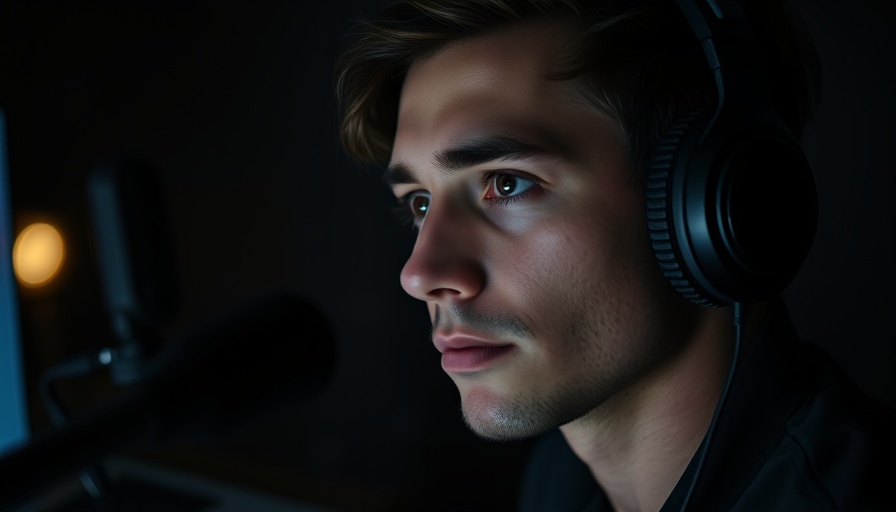 Moody podcast portrait with headphones, powerful motivational speeches theme.