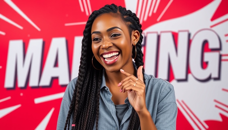 Stylized marketing graphic of a smiling woman with dynamic background.