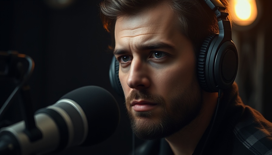 Podcast host in moody lighting for daily self-development.