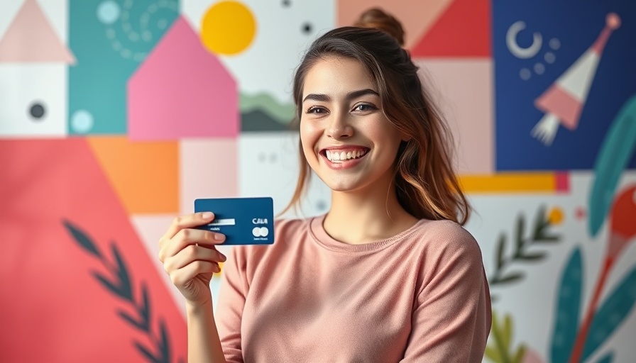 Smiling woman holding credit card, modern collage design, definition of a buyer persona