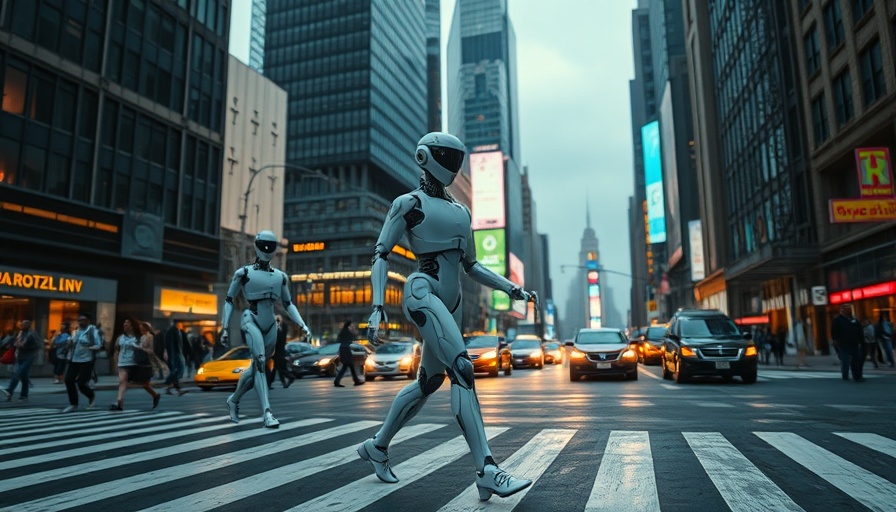 Futuristic robot in a vibrant city, live amongst robots theme.