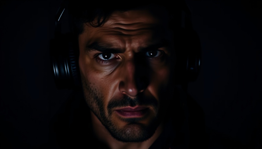 Moody portrait of man listening, emphasizing serious focus, evocative of podcast themes.