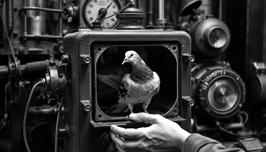 Vintage photo of pigeon in experimental device showcasing early AI development.