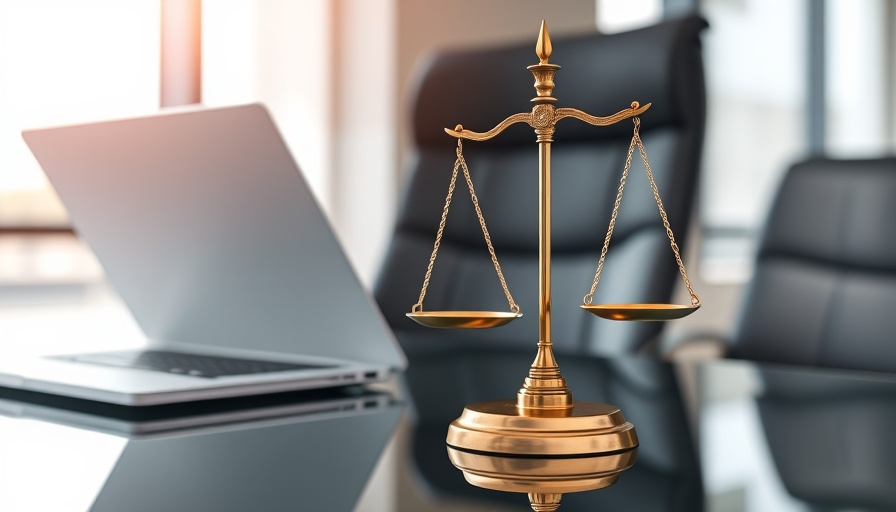 Legal AI regulation concept with scales of justice and laptop in office.