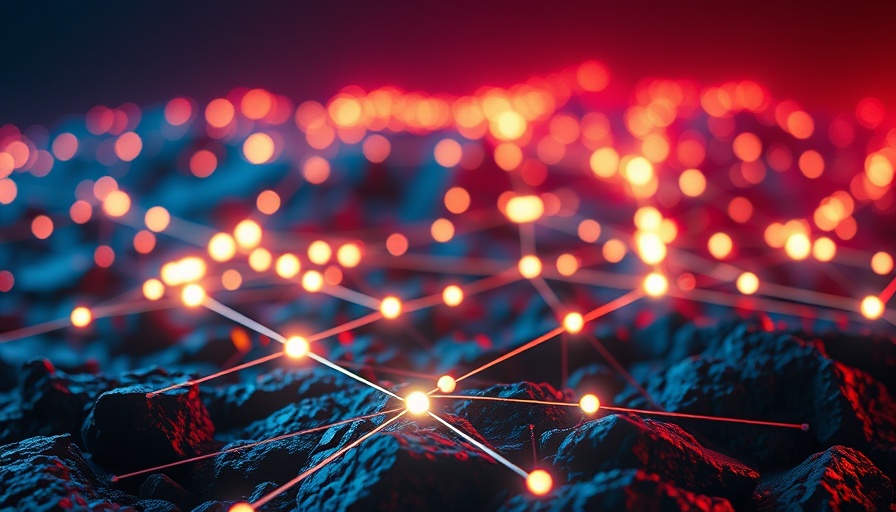 Abstract network nodes on rocky terrain symbolize cellular technology in space.