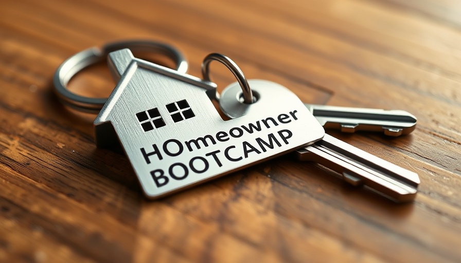 Sleek silver house keychain for New Homeowner Bootcamp on wood.