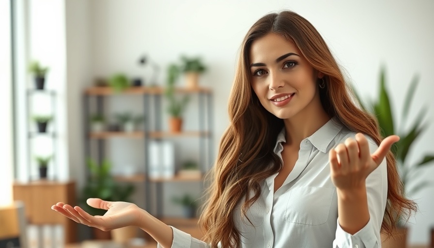 Confident woman discussing clean energy policies in modern office.