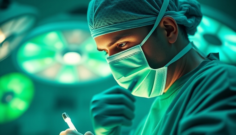 Surgeon performing an operation with abstract green overlay.