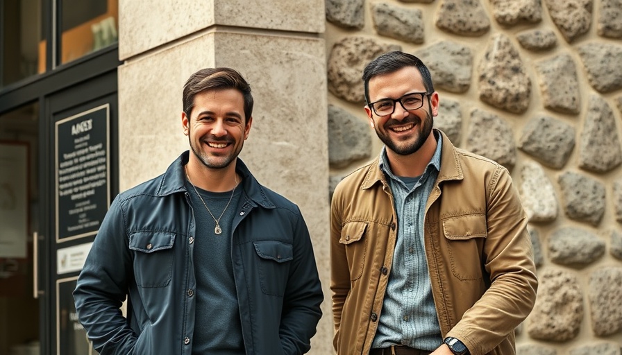 Casual outdoor photo of two men smiling, promoting EV charging solutions.
