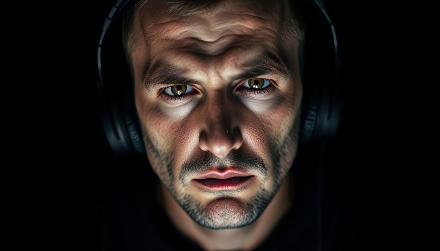 Moody portrait: Man with headphones, serious look, dark studio.