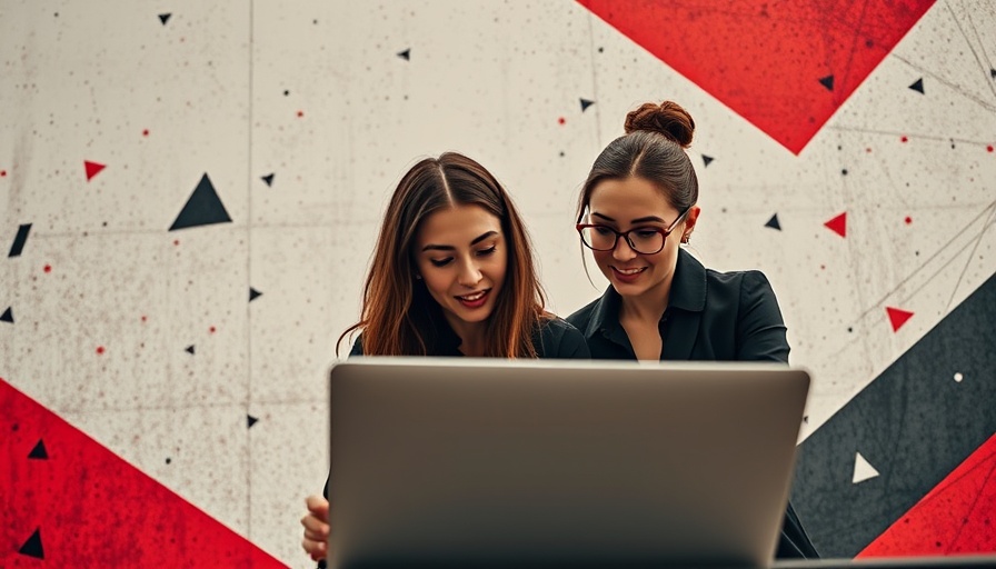 Two women using laptop with graphic elements in background, AI project management tools.