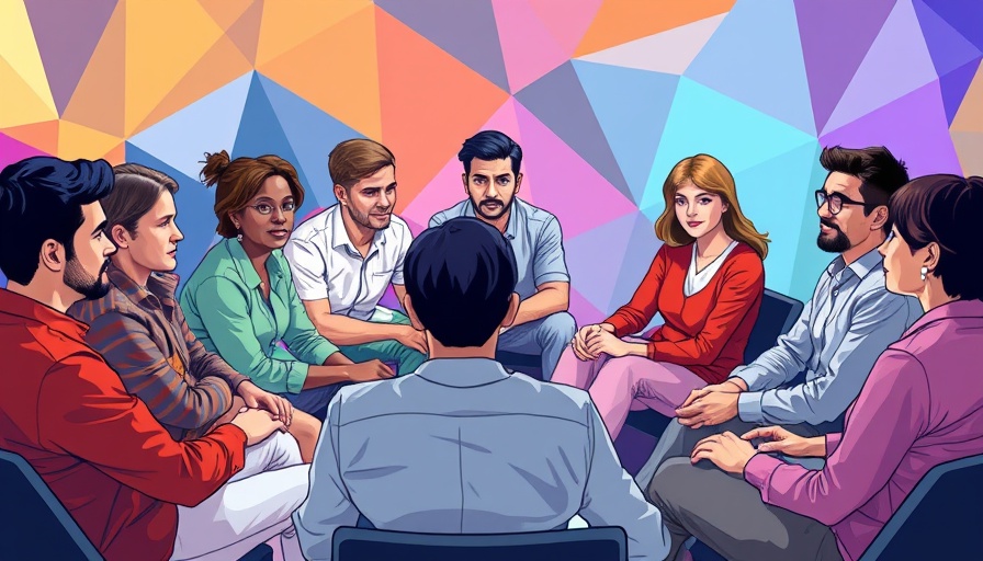 Group discussing AI in therapy, colorful illustration, ambient lighting.