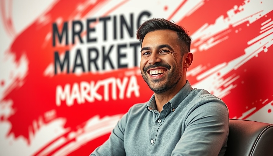 Smiling man in marketing ad showing how to make money doing this, vibrant design.