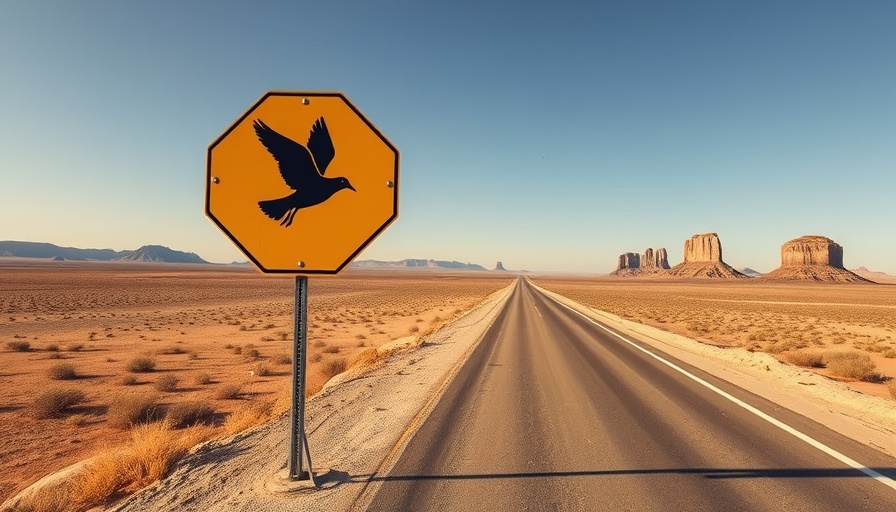 Quirky road sign of a bird on a desert highway, bizarre traffic laws.