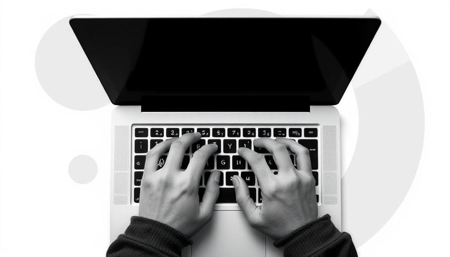 Monochrome hands typing on laptop with abstract circles, AI content marketing.