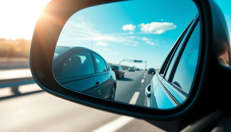 Sideview mirror warning on highway, sunny day reflection.