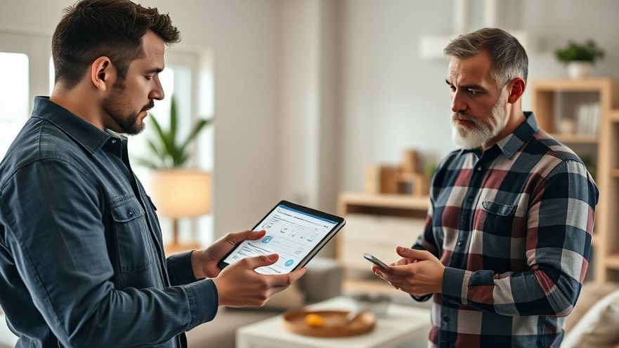 HVAC technician explaining energy-efficient HVAC systems to a customer in a cozy living room.