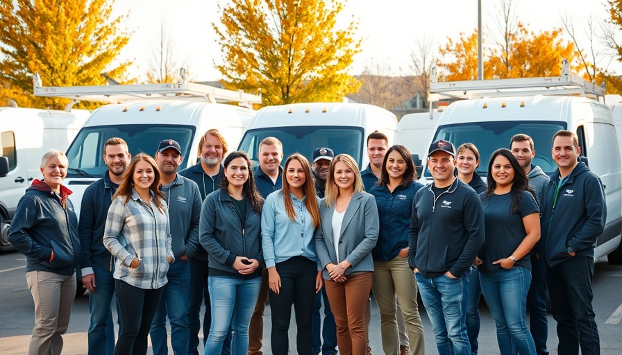 Diverse team in front of work vans; Best Places to Work.